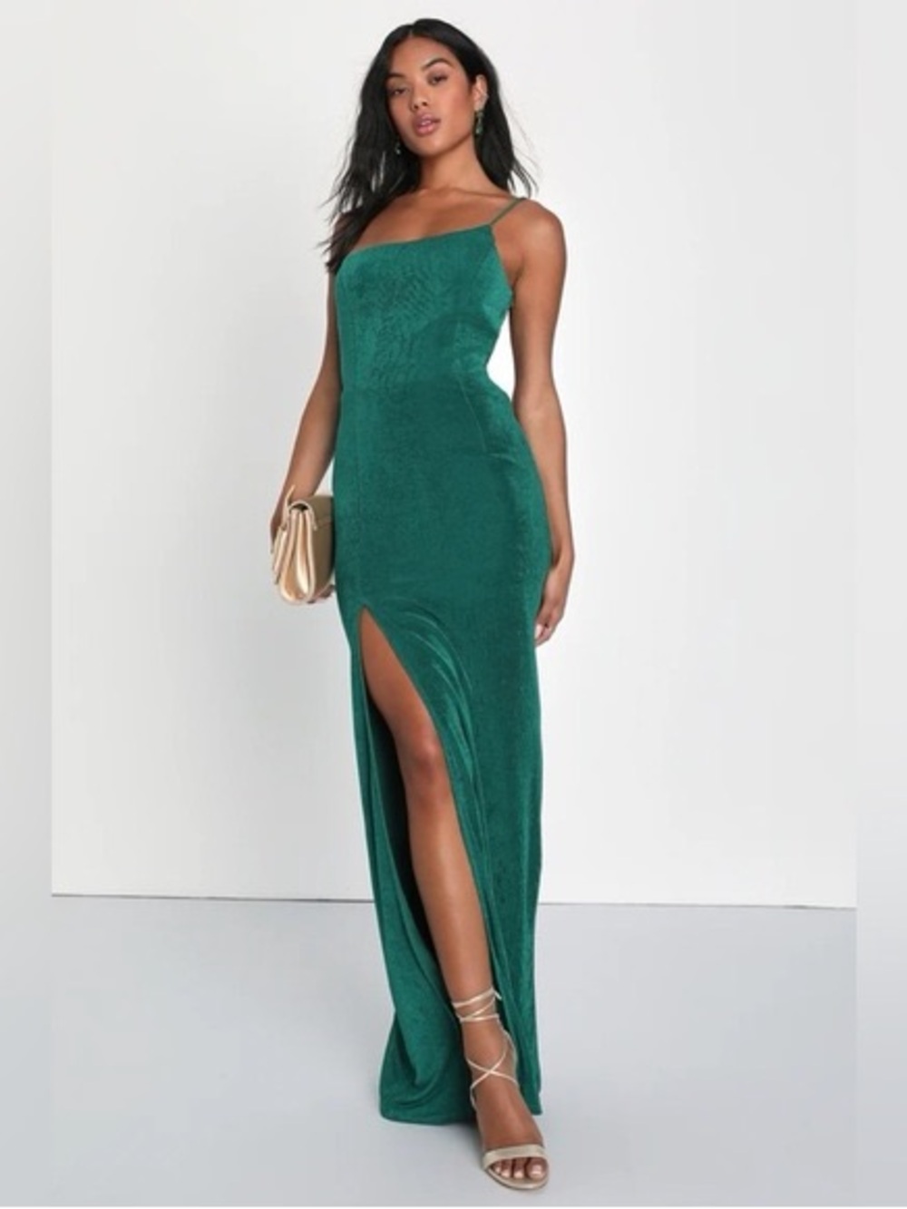 NWOT Lulu's Emerald Green Velvet Slip Maxi Dress with Thigh Slit